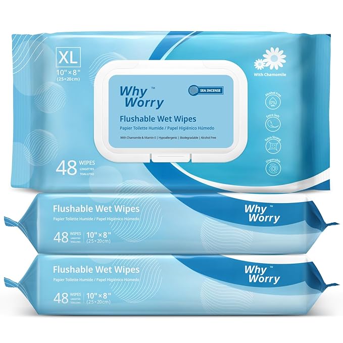 WhyWorry Flushable Wipes for Adults, Extra Large 8"x10" Butt Wipes for Toilet & Personal Cleansing, Chamomile and Vitamin E, 100% Plant-Based, Septic & Sewer Safe, Sea Incense, 144 Count (3 Packs)