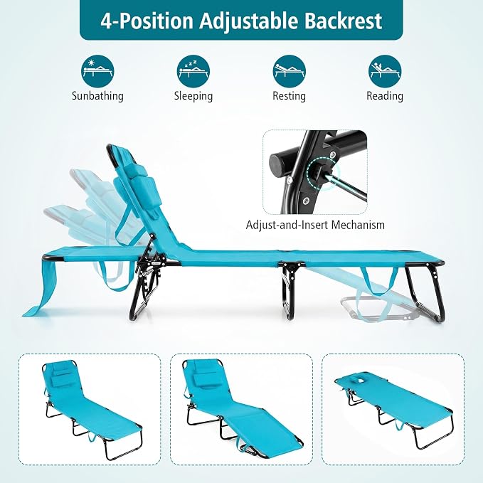 GYMAX Tanning Chair, 330lbs Beach Lounge Chair with Face Hole, Detachable Washable Pillow & Carry Strap, Adjustable Folding Chaise Lounge, Layout Chair for Outside, Patio, Poolside, Lawn (1, Arctic)