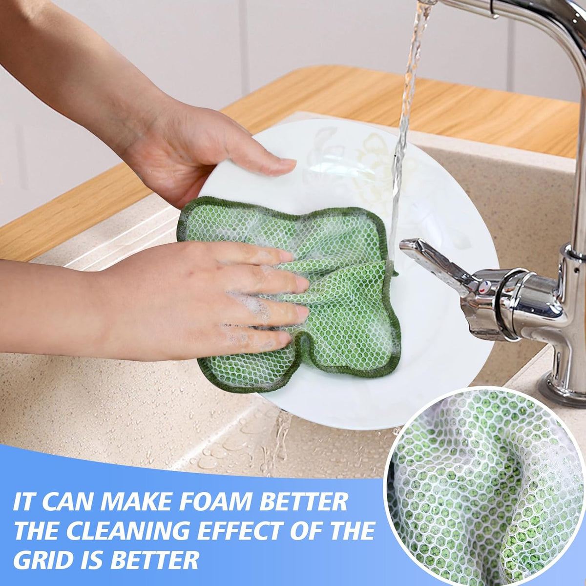 KinHwa Kitchen Washcloths for Dishes Absorbent Microfiber Dish Cloths Quick Dry Dish Rags with Poly Scour Scrub Side Ideal for Kitchen Cleaning (Green, 7inchx7inch 9 Pack)