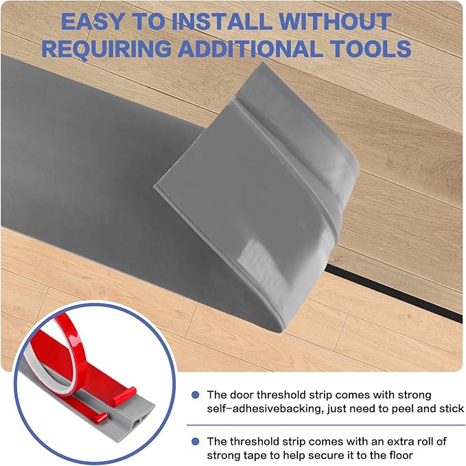 Floor Transition Strip Vinyl Door Threshold Ramp Self Adhesive Carpet Edging Strip Doorway Edge Trim, Overlap Edge Reducer for Laminate Carpet, Floor, Tile (Gray, 1/5" to 2/5", 3.3Ft)