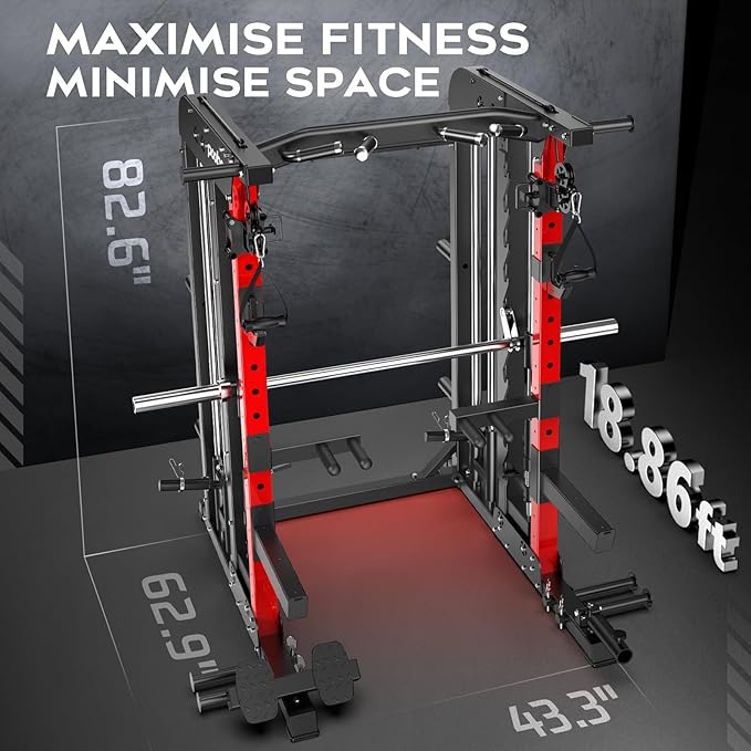 Pooboo Multi-Functional Machine Power Cage, 2000LB Squat Rack, LAT-Pull Down System, Dual Pulley Cable Crossover System, Home Gym Workout Machine with Strength Training Attachments