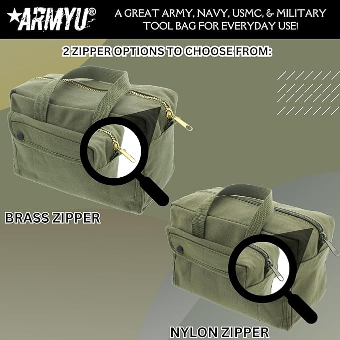 ARMYU Heavy Duty Small Tool Bag Tactical Cotton Canvas Mechanics Bag, 11" x 7" x 6", Olive