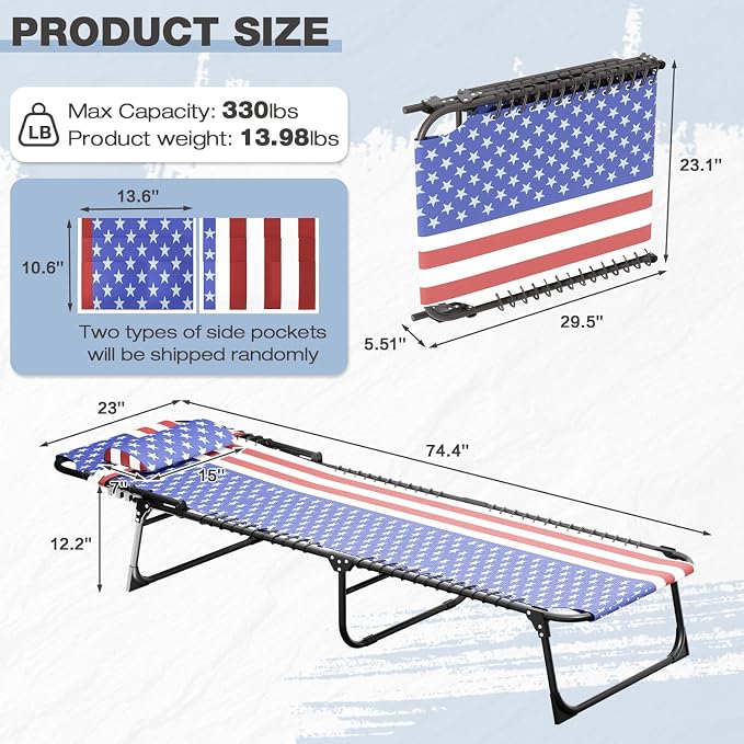 Outdoor Lounge Chair, Foldable Reclining Chaise Lounge with Detachable Pillow & Side Pocket, 4-Position Recliner Tanning Chair for Beach, Pool, Lawn, Backyard, Tricolor Stripe, 2 Packs
