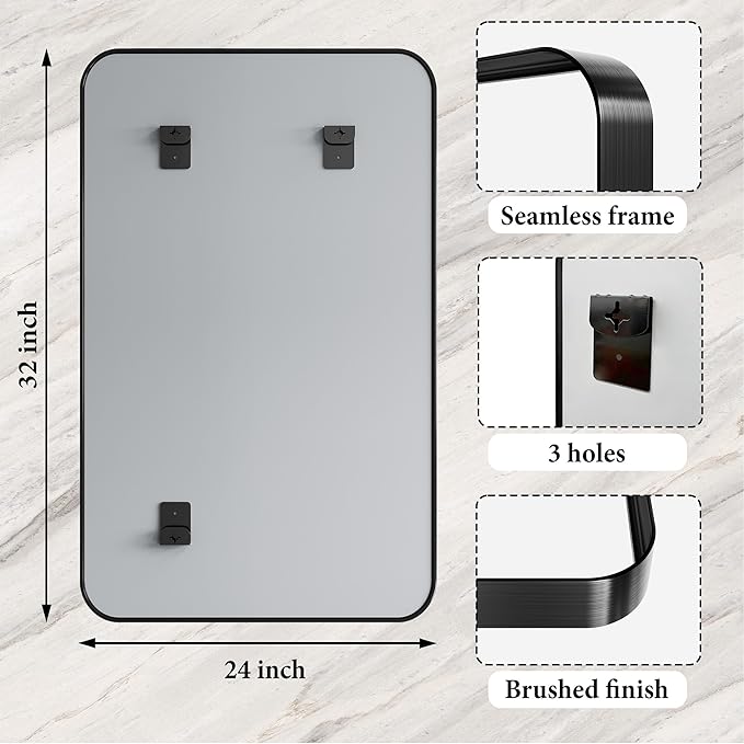 Matte Black Metal Framed Vanity Rounded Rectangle Bathroom 24X32 Inch Mirrors