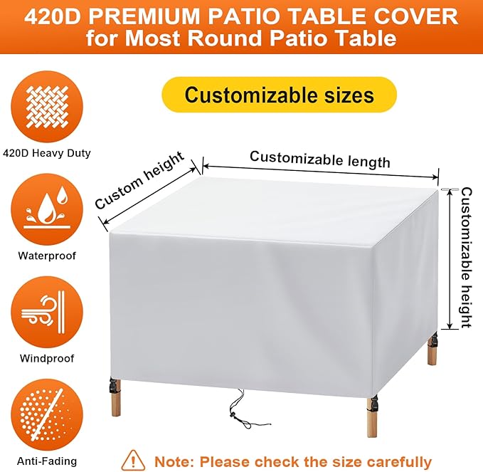 Patio Furniture Cover Rectangle 100"(L) x 56"(W) x 36"(H), Custom Heavy Duty 420D Waterproof Outdoor Cover with Drawstring & Buckles for Table Chair Garden, Silver