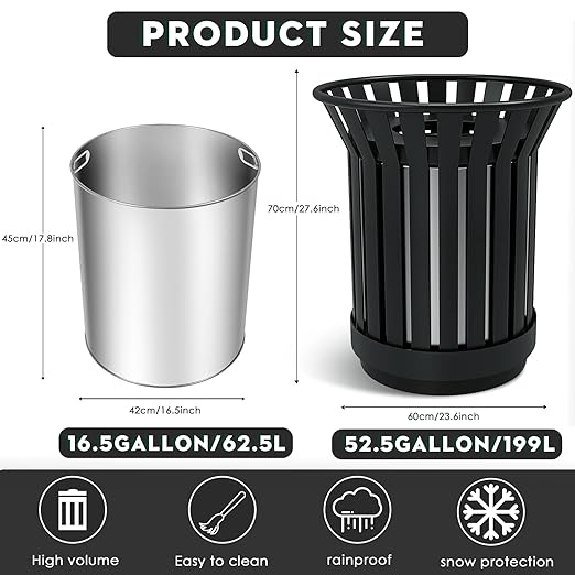 Round Heavy Duty Outdoor Trash Can, Large Metal Slatted Garbage Can for All Weather Resistant, Commercial Garbage Cans, Waste Receptacle in Park, Beach, Patio (Black, Large)