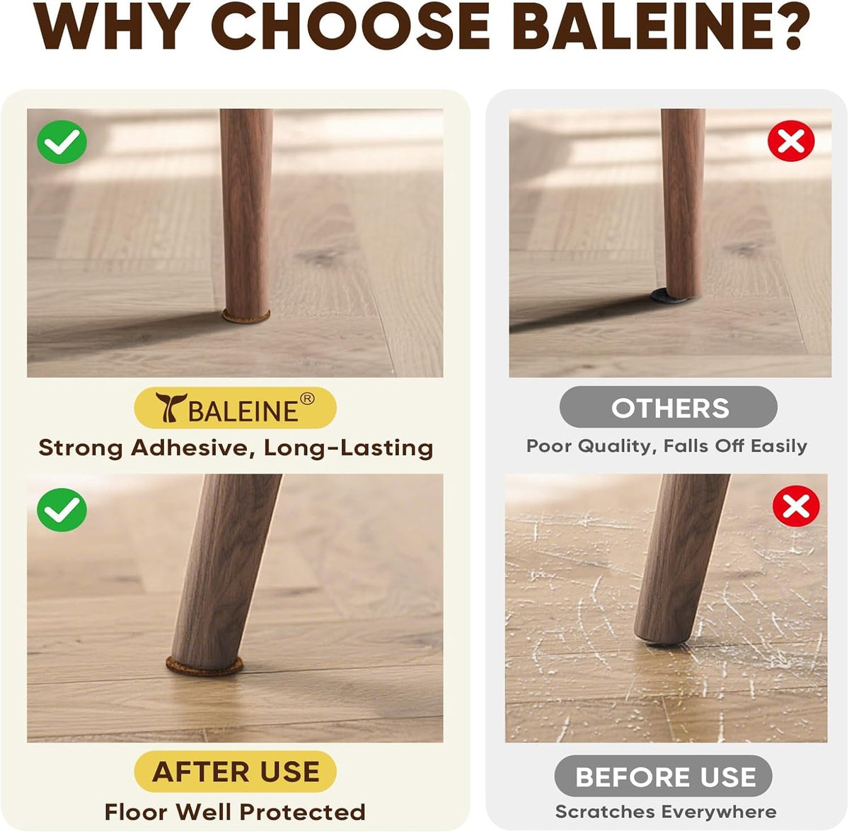 BALEINE 141PCS Felt Furniture Pads, Multi-Size Felt Pads for Chair Legs, Tables, Beds, Scratch-Reducing Floor Protectors for Hardwood Floors, Tile, Vinyl, and Laminate (141PCS, Brown)