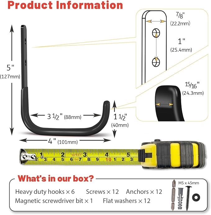Garage Hooks 4 Inch, 6 Pack Heavy Duty Wall Hooks