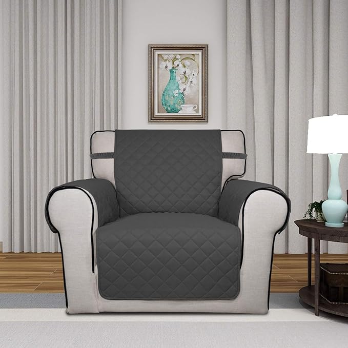 PureFit Reversible Quilted Sofa Cover, Water Resistant Slipcover Furniture Protector, Washable Couch Cover with Non Slip and Elastic Straps for Kids, Dogs, Pets (Chair, Dark Gray/Beige)