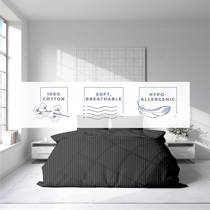 Kotton Culture 1 Pc Custom Size Duvet Cover Only -100% Egyptian Cotton Sateen 600 Thread Count Ultra Soft Premium Durable Comforter Cover Zipper Closure & Corner Ties (Striped Dark Grey, Custom)