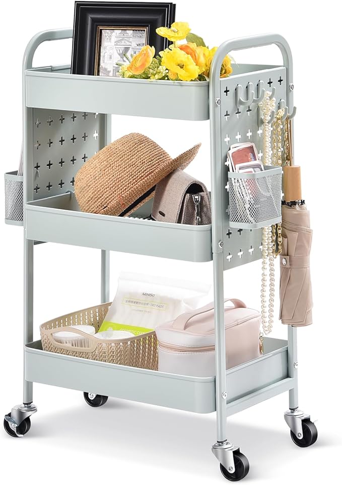 TOOLF 3-Tier Rolling Cart, Metal Utility Storage Cart with DIY Pegboards, Art Craft Trolley with Baskets Hooks, Serving Organizer Easy Assemble for Office, Home, Kitchen, Classroom (Green)