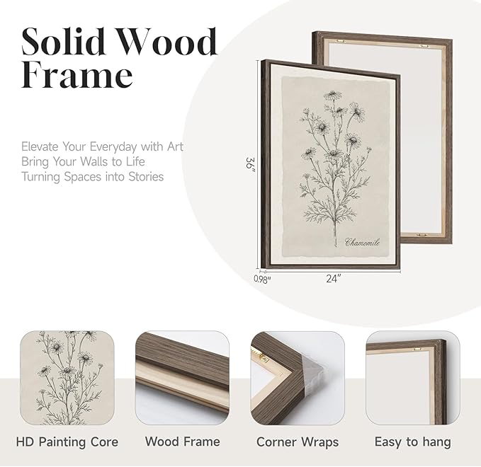 Framed Farmhouse Botanical Canvas Wall Art Set of 3, Large Vintage Neutral