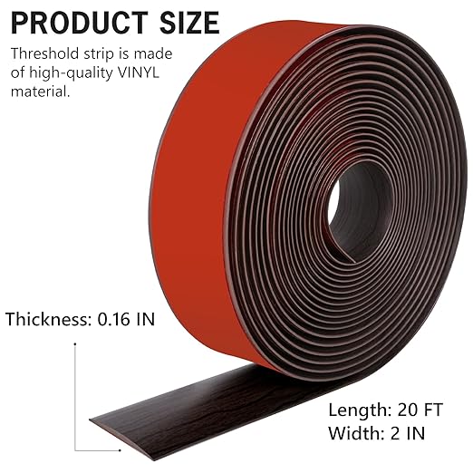 20Ft Floor Transition Strip Self Adhesive Vinyl Cover Floor Strip Flat Divider Transition Strip Wood Grain Design for Laminate Floor Gaps and Doorway Transitions (20Ft x 2 Inch, Brown)