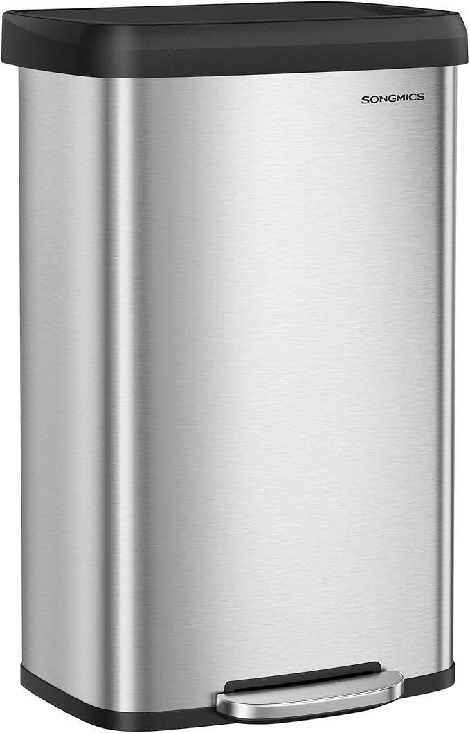SONGMICS Kitchen Trash Can, 21 Gallon (80 L) Stainless Steel Garbage Can, with Stay-Open Lid and Step-on Pedal, Soft Closure, Tall, Large and Space-Saving, Silver and Black ULTB534E01