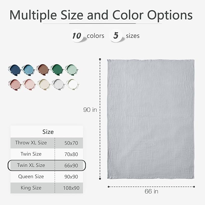 Carriediosa 100% Cotton Muslin Throw Blanket 66" X 90" Twin XL Size，4-Layers Summer Gauze Throws for Bed Couch，Soft Lightweight Breathable Linen Blankets Bedspread for Adults All Season，Grey
