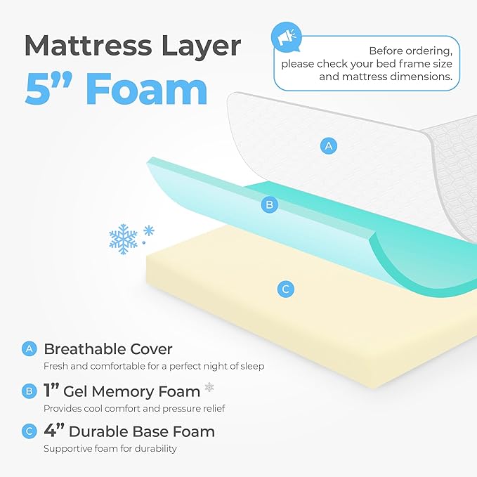 Neo Sleep 5 Inch Twin Cooling Gel Memory Foam Mattress for Cool Sleep Medium Firm Pressure Relief CertiPUR-US Certified Foam, Mattress in a Box No Fiberglass (Twin, 5 in)