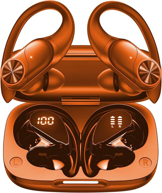 PocBuds Bluetooth Headphones Wireless Earbuds 80hrs Playtime Wireless Charging Case Digital Display Sport Ear Buds with Earhook Deep Bass IPX7 Waterproof Over-Ear Earphones for Phone Laptop Caramel