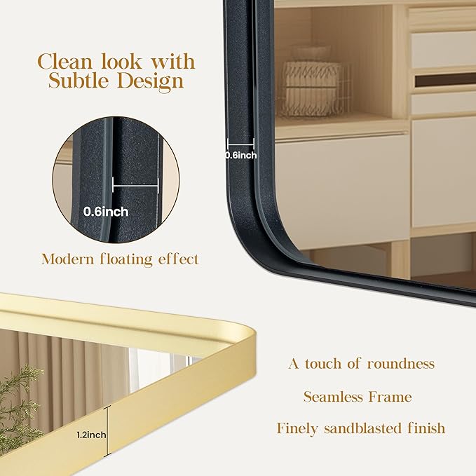 20×28 Black Bathroom Mirror, Rectangular Bathroom Vanity Mirror for Wall with Rounded Corners & Aluminum Alloy Frame, Tempered-Glass, Modern, Farmhouse, Horizontal/Vertical, Entryway, Bedroom