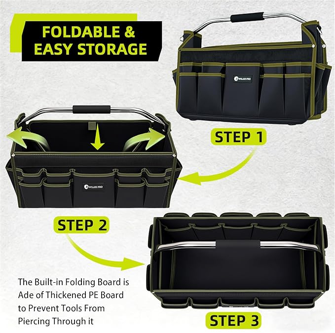 20in Foldable Open Top Tool Bags For Men Heavy Duty, Tool Carrier hard With Handle, Wide Mouth Electrician Tool Tote, Many Pockets Can Hold Many Tool, Green