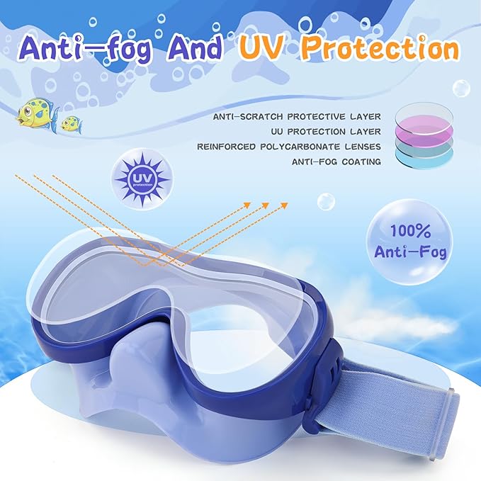 Kids Swim Goggles 180° Snorkel Diving Mask with Nose Cover, Anti-Fog Kids Swimming Goggles with Elastic Fabric Strap for Kids Boys Girls
