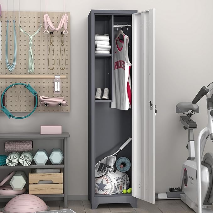 GREATMEET Slim Locking Metal Garage Storage Cabinet, Tall Steel Narrow Broom