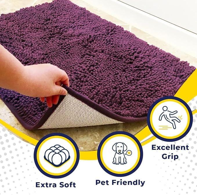 Muddy Mat® | Super Water Absorbent Door Mat Indoor, Microfiber Quick Dry Chenille Entryway Rug,Slip Resistant Front Door Mat,Indoor Mats for Entryway,Machine Washable Pet Rug, Dark Purple 20" x 48"