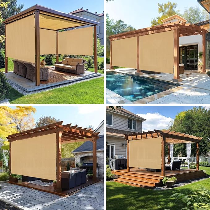 7'W x 8'H Sesame Patio Shades Roll up Outdoor Roller Shade Crank Wand Blind