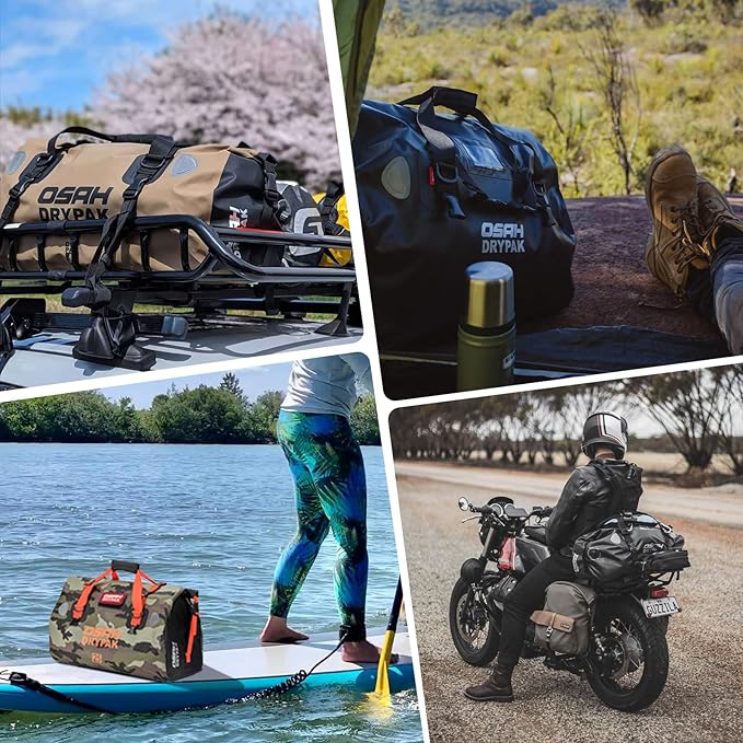 Waterproof Duffel& Luggage Bag - Motorcycle Dry Bag Tail Saddle Bags with Roll Top Closure,Large Storage Space,for Camping, Kayaking, Fishing & Traveling(Jungle, 60L)