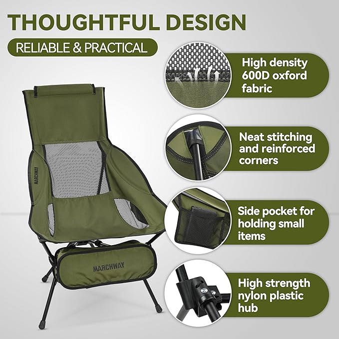 MARCHWAY Lightweight Folding High Back Camping Chair with Head Support, Stable Portable Compact for Outdoor Camp, Travel, Beach, Picnic, Festival, Hiking, Backpacking (Highback Green)