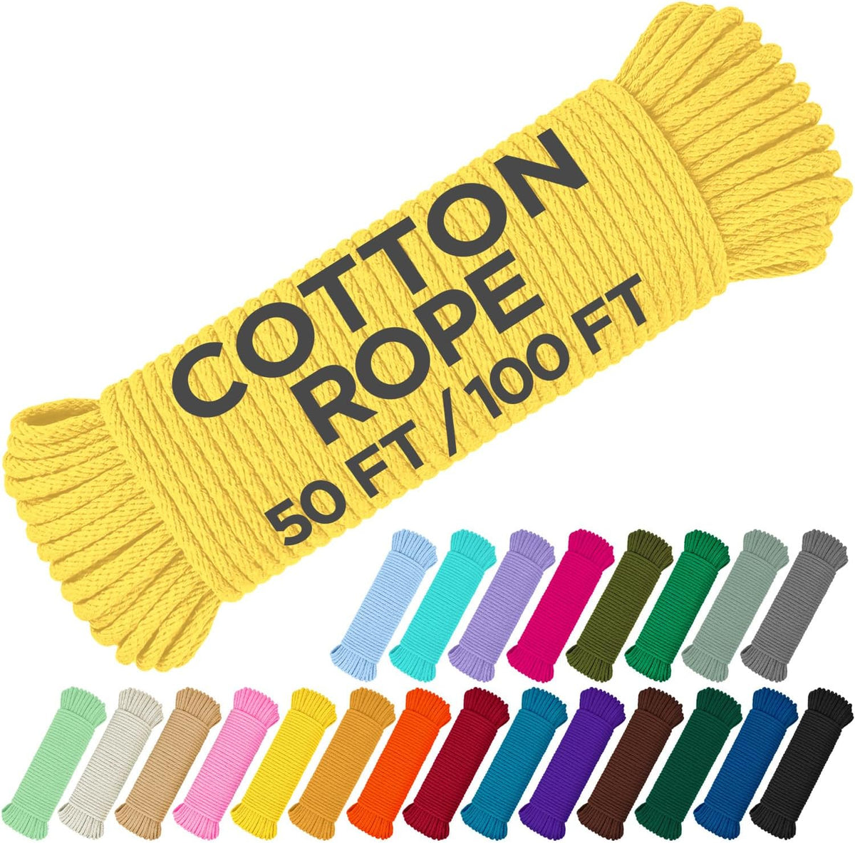 TECEUM Cotton Rope 3/16” (5 mm) – 100 FT – Strong All-Purpose Braided Rope – Natural Cotton – for Crafting, Сamping, Clothes Line, DIY, Indoor & Outdoor Use – Yellow