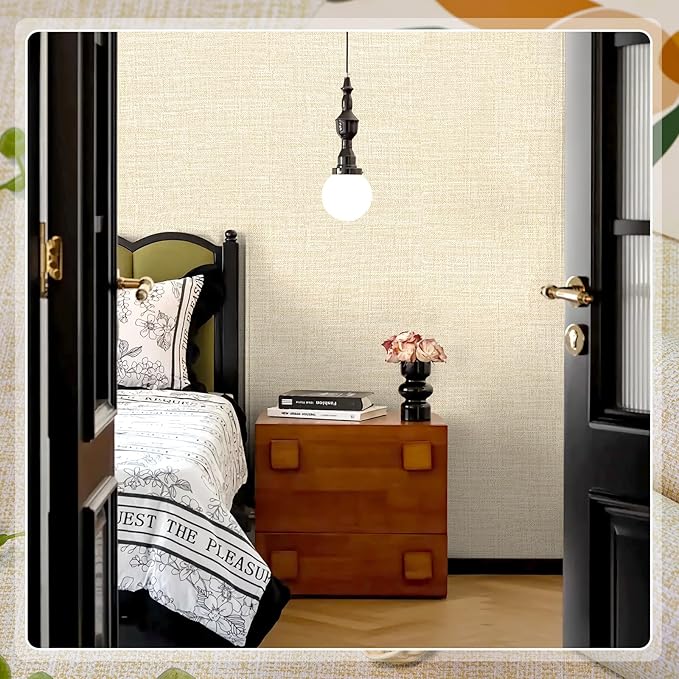 Amiya Grasscloth Cream Wallpaper Peel and Stick Beige Faux Fabric Linen Contact