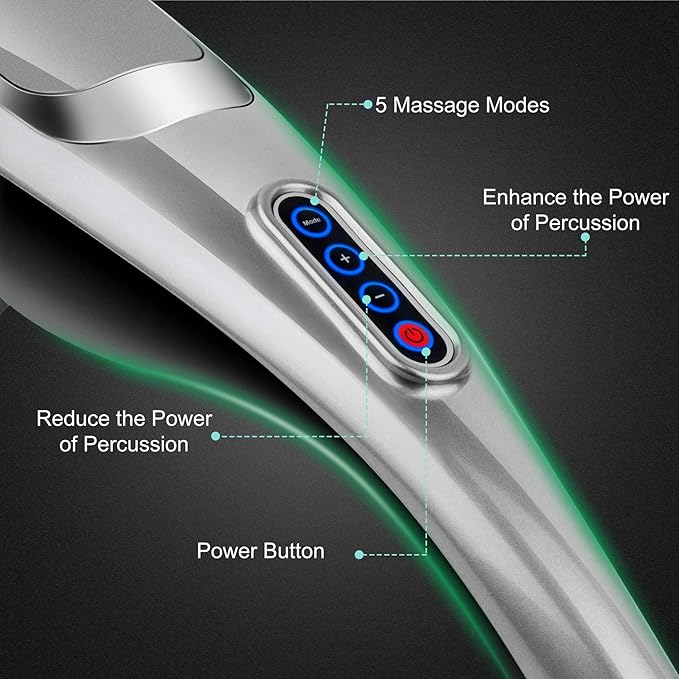 MEGAWISE Handheld Back Massager | Deep Tissue Percussion Massage for Back, Neck, Shoulders, Waist and Legs (Silver Grey) with 6ft Power Cord, Ergonomic Handle