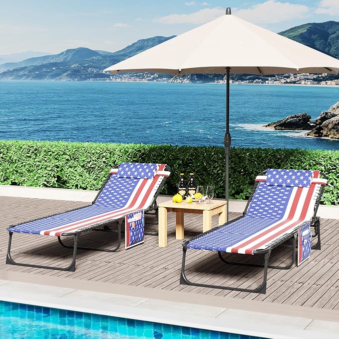 Outdoor Lounge Chair, Foldable Reclining Chaise Lounge with Detachable Pillow & Side Pocket, 4-Position Recliner Tanning Chair for Beach, Pool, Lawn, Backyard, Tricolor Stripe, 2 Packs