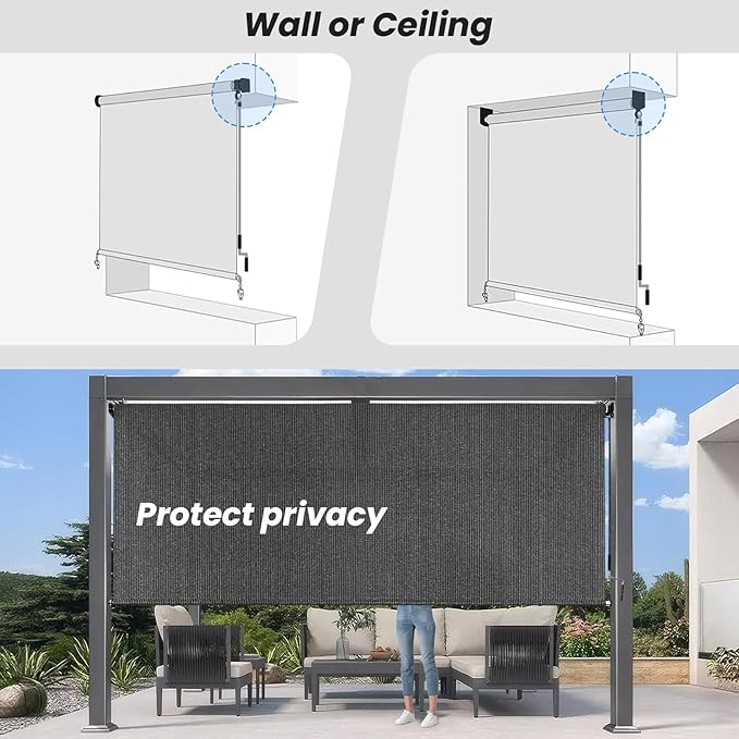 8'W x 8'H Gray Patio Shades Roll up Outdoor Roller Shade Crank Wand Blind