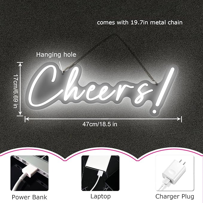 Cheers Neon Signs Cheer Sign for Bar Light Sign for Wall Decor USB Powered Neon Sign for Bar Club Gaming Room Home Birthday Party Decor Sign Gift White (18.5 * 6.69in)
