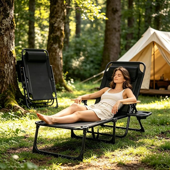 Foldable Chaise Lounge Chair Outdoor, Tanning Chair with 4-Position Reclining Back, Folding Sun Lounger, Outdoor Lounge Chair for Beach, Poolside, Backyard, Camping, UPF 50+, 300 LBS
