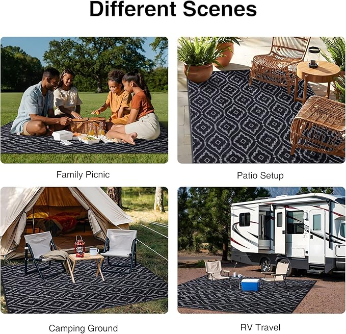 OLANLY Outdoor Rug 9x12 ft Waterproof, Outdoor Plastic Straw Rug with Geometric Pattern Clearance, Reversible RV Mat for Patio, Camping, Balcony, Deck, Backyard, Black & Grey