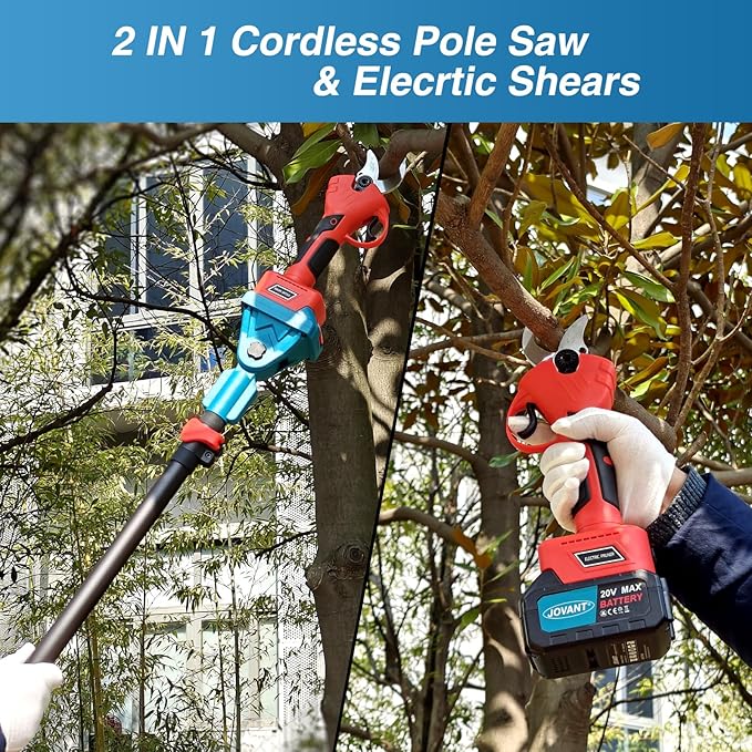 2-in-1 Electric Pruning Shears Cordless with Pole, 20V Cordless Pruning Shears,4.0Ah Battery Operated Pruning Shears, 9.3Ft -Up to 15.3Ft Telescopic Electric Shears for Gardening JOVANT