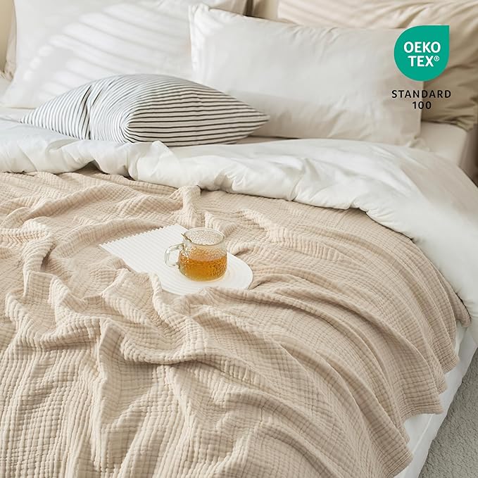 Carriediosa 100% Cotton Muslin Throw Blanket 66" X 90" Twin XL Size，4-Layers Summer Gauze Throws for Bed Couch，Soft Lightweight Breathable Linen Blankets Bedspread for Adults All Season，Khaki
