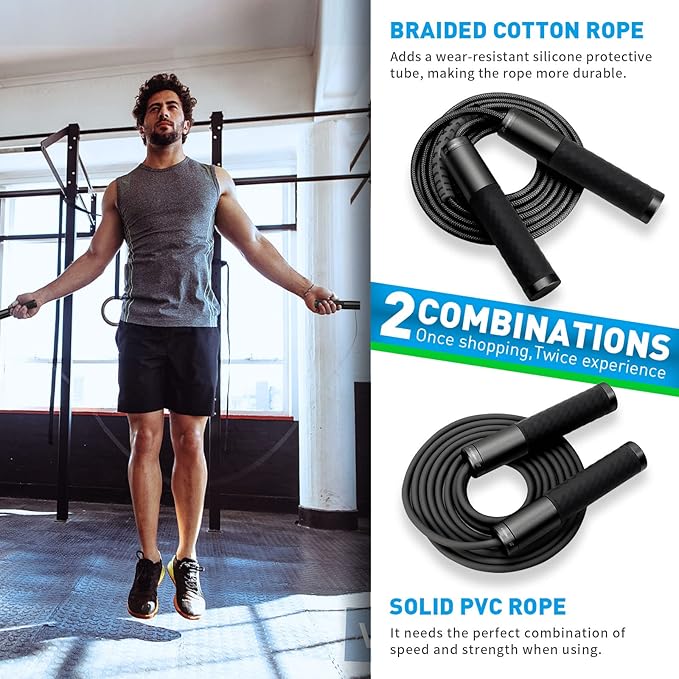 Weighted Jump Rope for Men, Women (1.5LB) - Alloy Steel Handles, Speed Skipping Rope, Gym,Indoor/Outdoor - Fitness, Workout, Boxing - Solid PVC & Cotton Rope