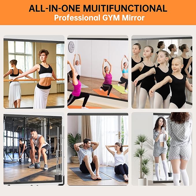 Hasipu 48''x30'' Home Gym Mirror Large Full Length Wall Mounted Full Body Mirror for Yoga Dance Fitness Exercise Studio Bedroom Garage, Frameless Tempered Glass Workout Mirrors Black Rectangular
