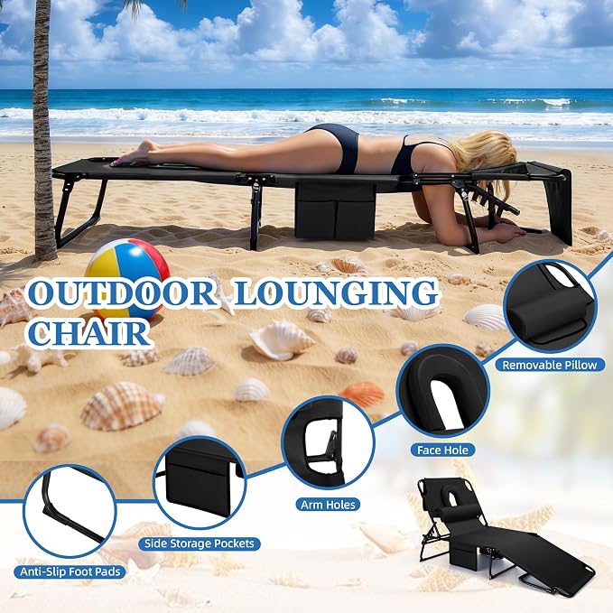 3-in-1 Sun Tanning Chair with Face Holes, Folding Chaise Lounge Chairs, 5-Position Adjustable Lounge Chair Outdoor with 2 Side Pocket & Pillow, for Pool Beach, Patio, Camping, Black