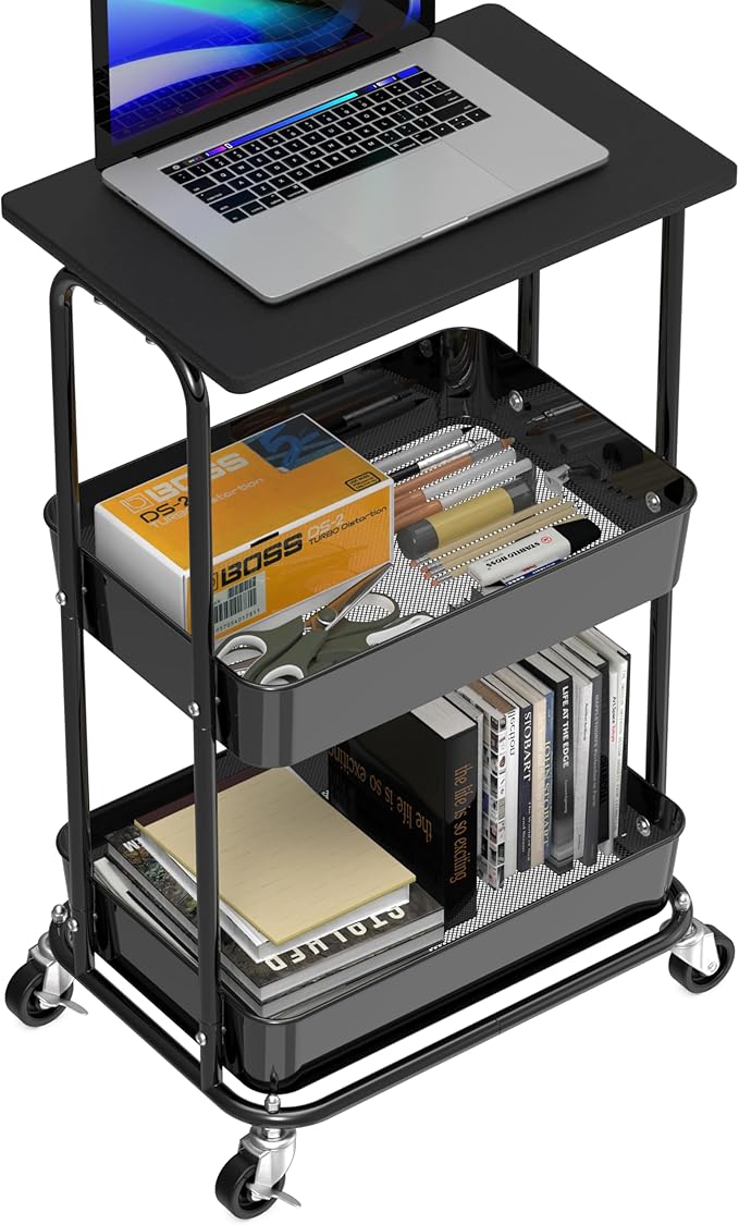 Simple Houseware 2-Tier Rolling Utility Cart with Lockable Wheels and Wood Top, Metal Storage Organizer Trolley for Kitchen, Bathroom, Office, Craft Room, Black