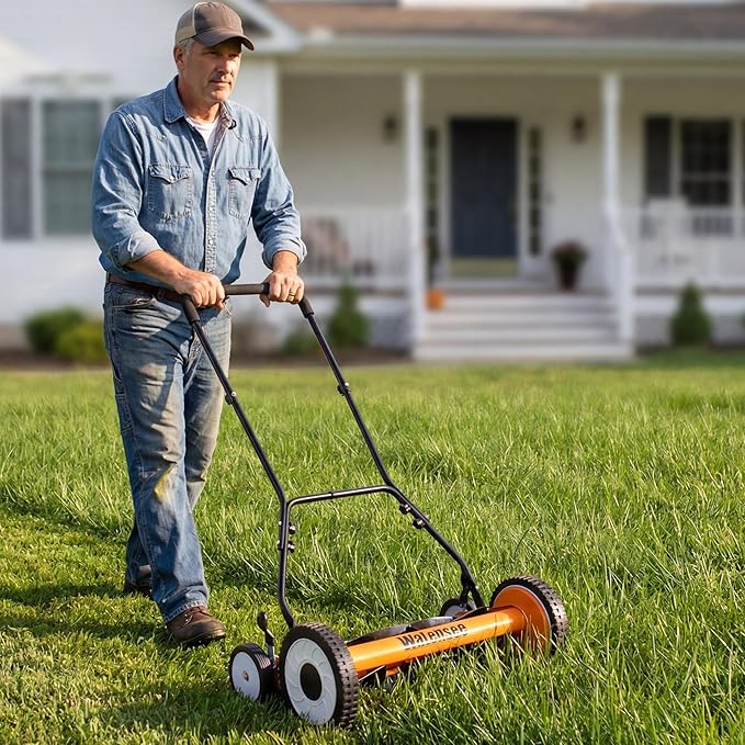 Walensee Push Reel Lawn Mower, 18-Inch 5-Blade Cordless Manual Reel Lawn Mower, Walk-Behind Steel Lawn Mower with 9-Position Cutting Height Adjustment & Sponge Grip