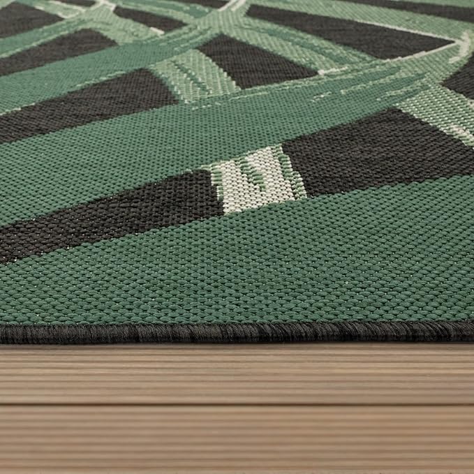 Tropical Outdoor Rug Palm Tree & Jungle Design Flatweave in Black Green, Size: 6'7" x 9'6"