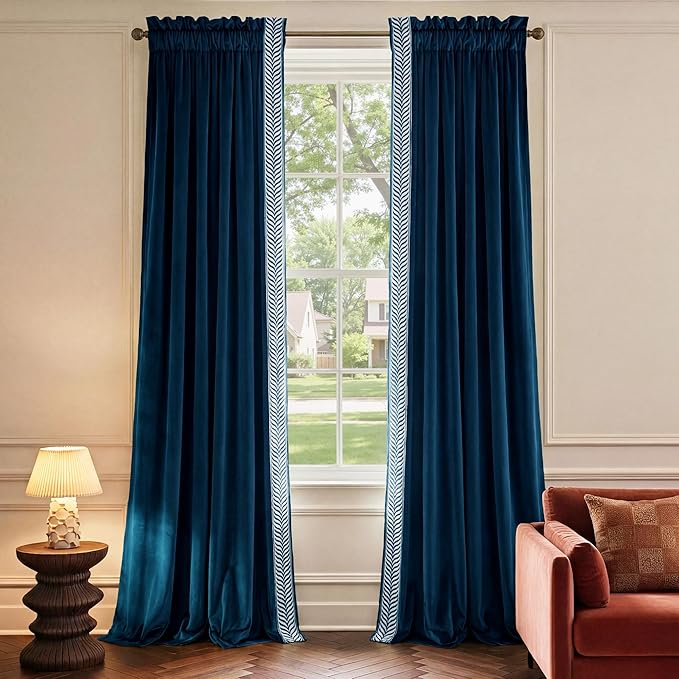NICETOWN Rod Pocket Embroidered Trim Velvet Curtains, 2 Panels, Elegant Window