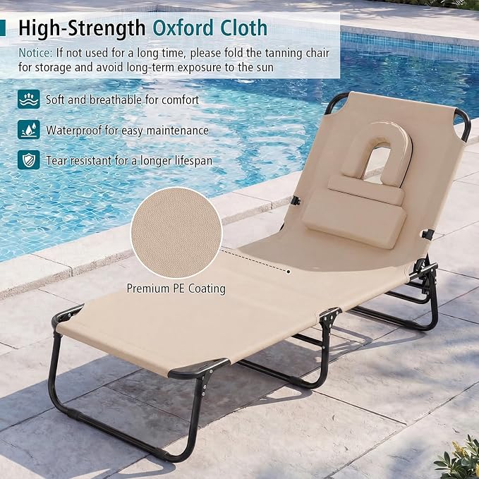 GYMAX Tanning Chair, 330lbs Beach Lounge Chair with Face Hole, Washable Pillow & Carry Strap, Adjustable Folding Chaise Lounge, Layout Lounger for Outside, Patio, Poolside, Lawn (2, Beige)