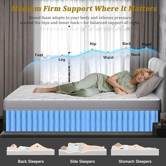 inight Full Mattress 12 Inch, Individual Wrapped Pocket Springs Zoned Hybrid Mattress with Gel Memory Foam, Ergonomic Pressure Relief, Enhanced Edge Support, Breathable Comfort Night, 365-Night Trial