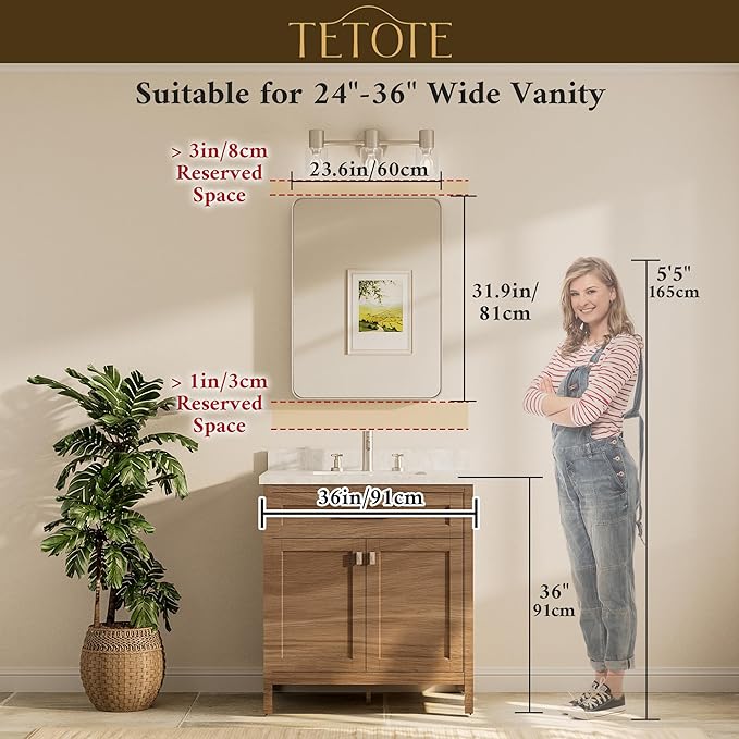TETOTE Brushed Gold Bathroom Mirror, 24 x 32 Inch Metal Framed Mirror, Brushed