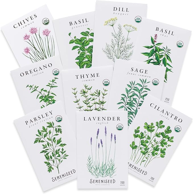 Sereniseed Certified Organic Herb Seeds (10-Pack) – Non GMO, Heirloom – Seed Starting Video - Basil, Cilantro, Oregano, Thyme, Parsley, Lavender, Chives, Sage, Dill Seeds for Indoor & Outdoor Planting
